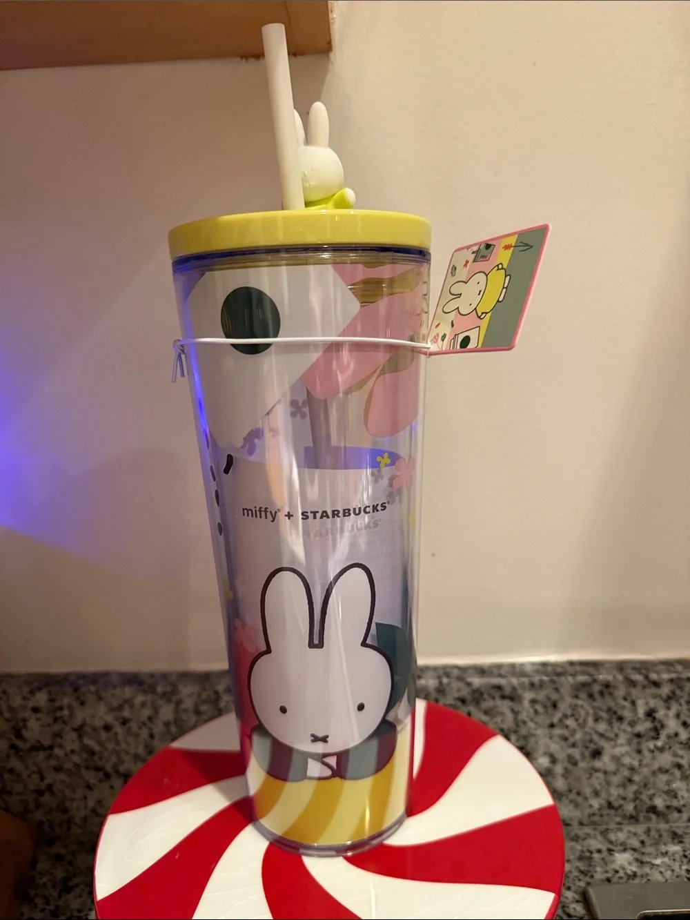 Starbucks Yellow & Green Daisy Tumbler with Miffy Bunny Topper